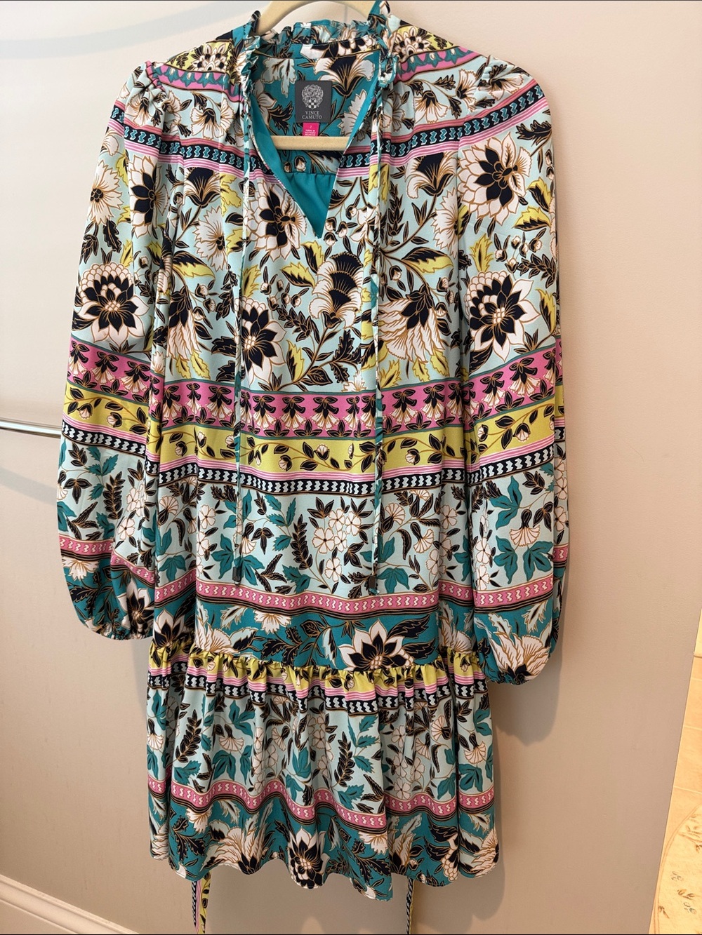 Vince Camuto Teal Floral Tiered Long Sleeve Dress with Pink and Yellow Accents